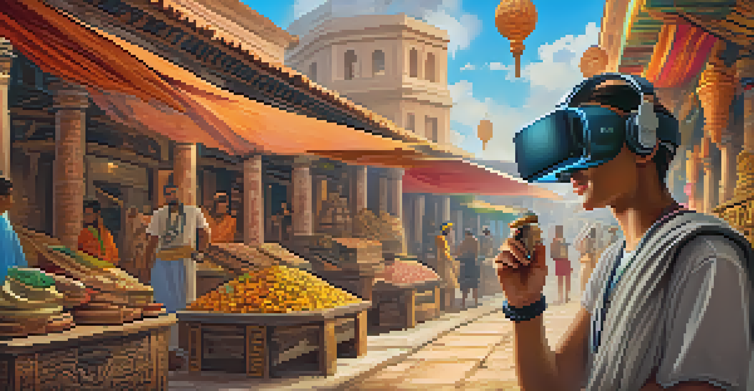 A student using a VR headset to explore an ancient civilization, surrounded by a detailed virtual marketplace with colorful stalls.