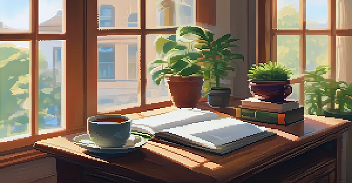 A cozy study setup with a wooden desk, open notebook, steaming tea, and a potted plant, illuminated by soft sunlight.