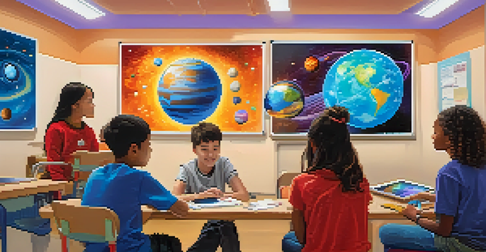 Students in a lively classroom using augmented reality to explore the solar system with a tablet and holographic images.