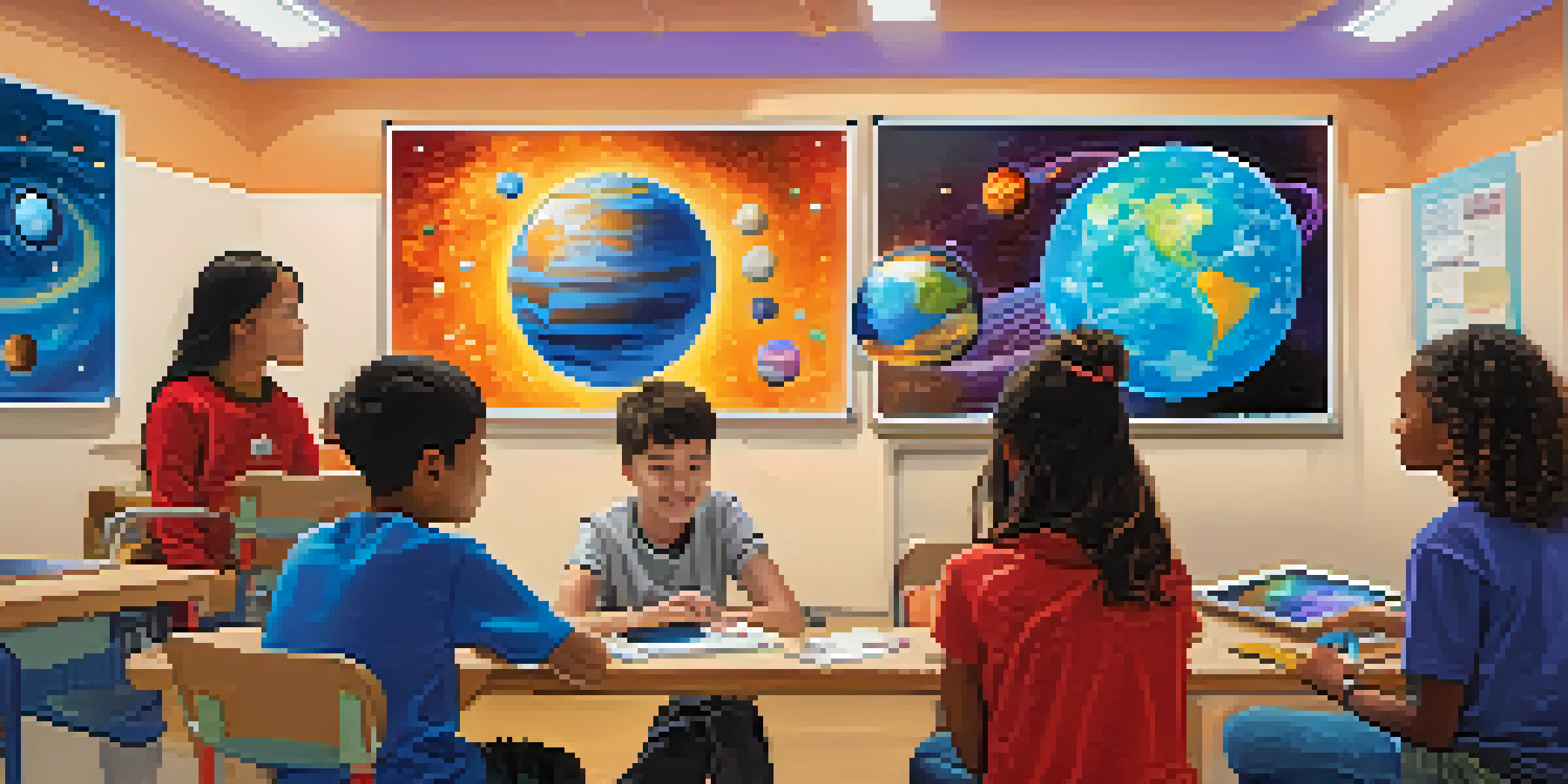 Students in a lively classroom using augmented reality to explore the solar system with a tablet and holographic images.