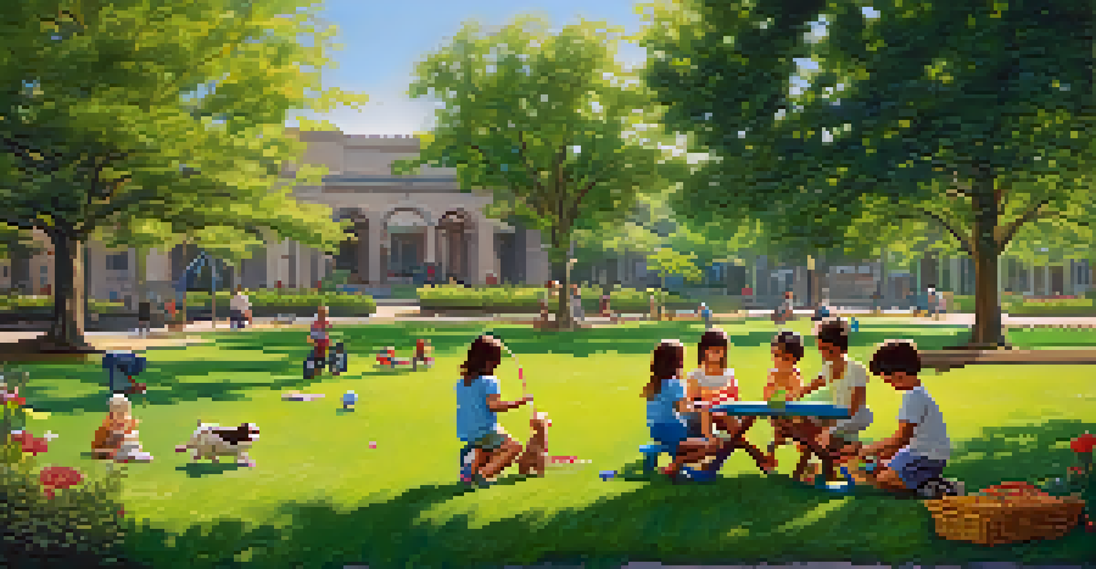 Children playing and learning in a park, with one child sharing toys and another observing nearby.