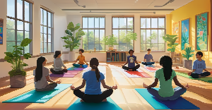 A classroom where students are practicing mindfulness exercises, surrounded by natural light and greenery.
