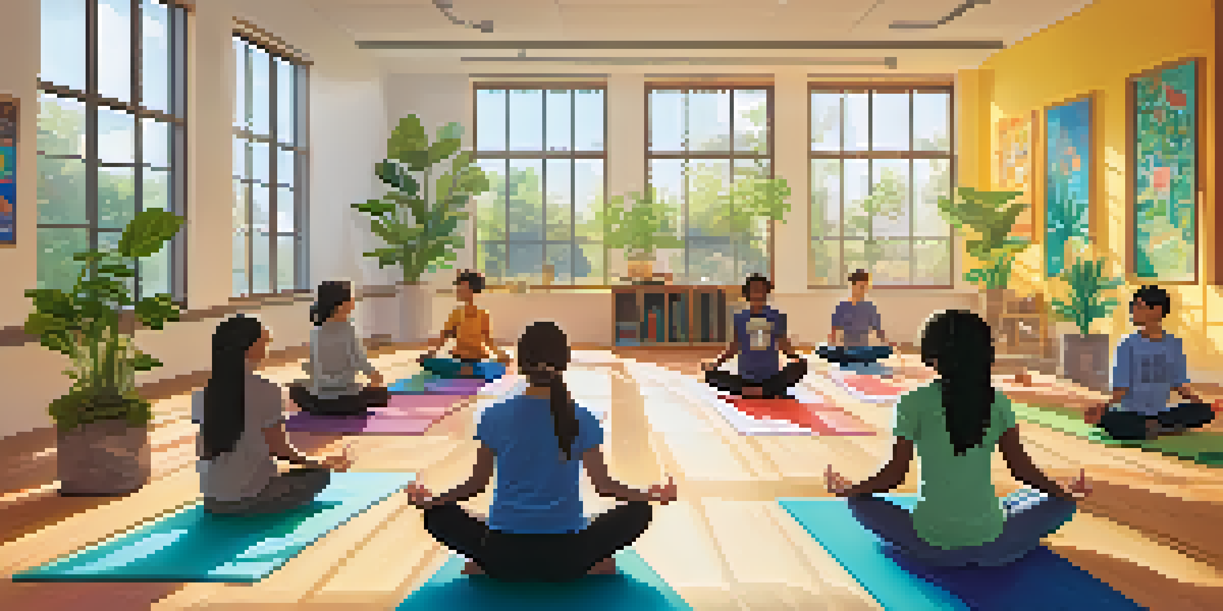 A classroom where students are practicing mindfulness exercises, surrounded by natural light and greenery.