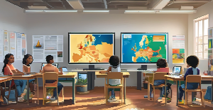 A diverse group of students participating in an online class, showing various backgrounds and cultures in a well-lit room.