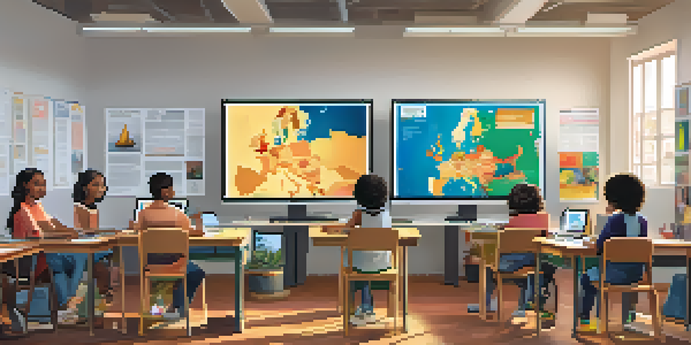 A diverse group of students participating in an online class, showing various backgrounds and cultures in a well-lit room.