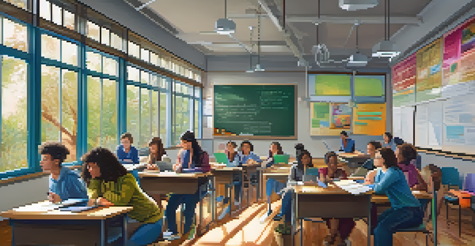 A classroom filled with students discussing, using laptops and tablets for Twitter, with a teacher facilitating.