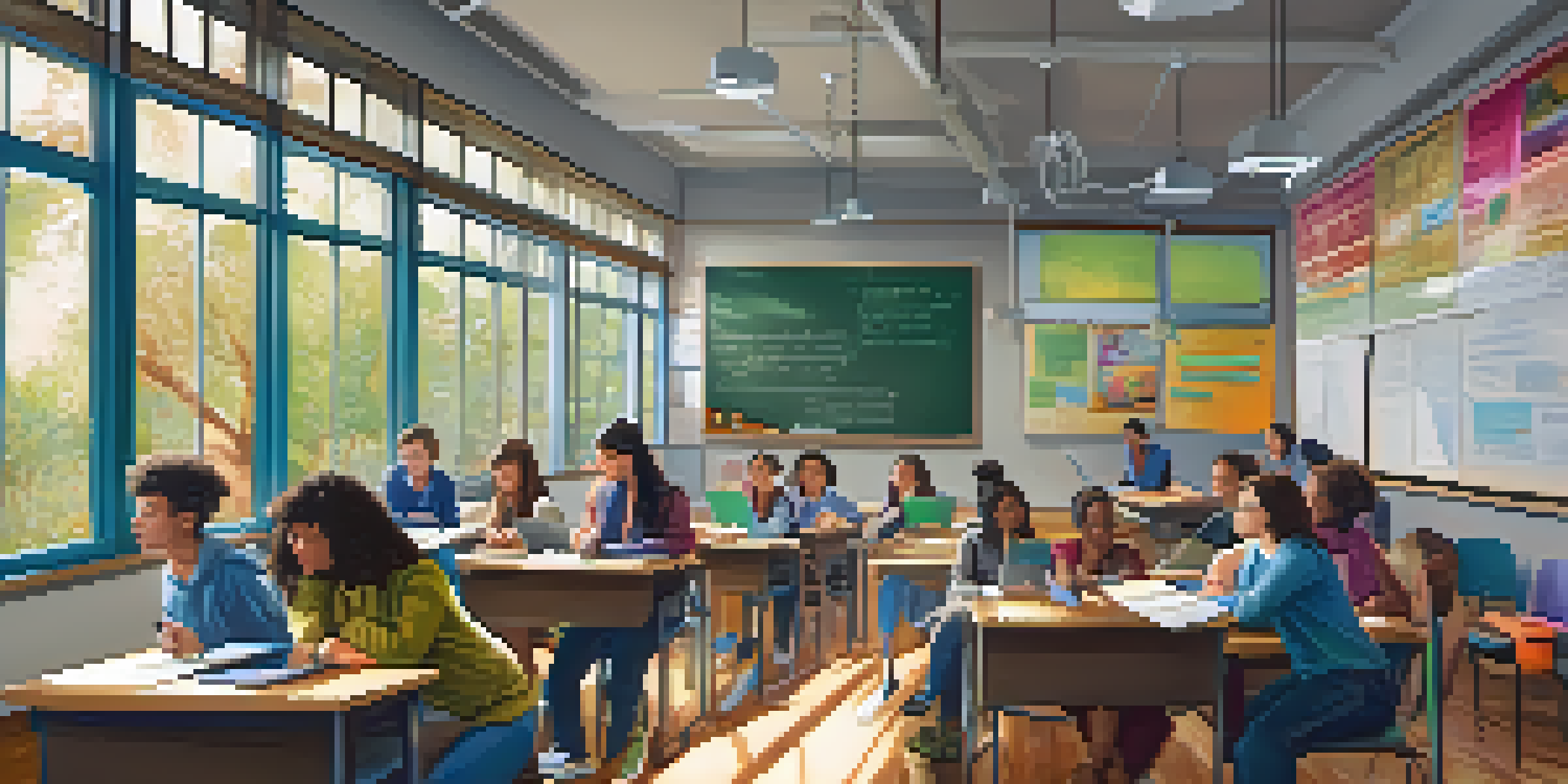 A classroom filled with students discussing, using laptops and tablets for Twitter, with a teacher facilitating.