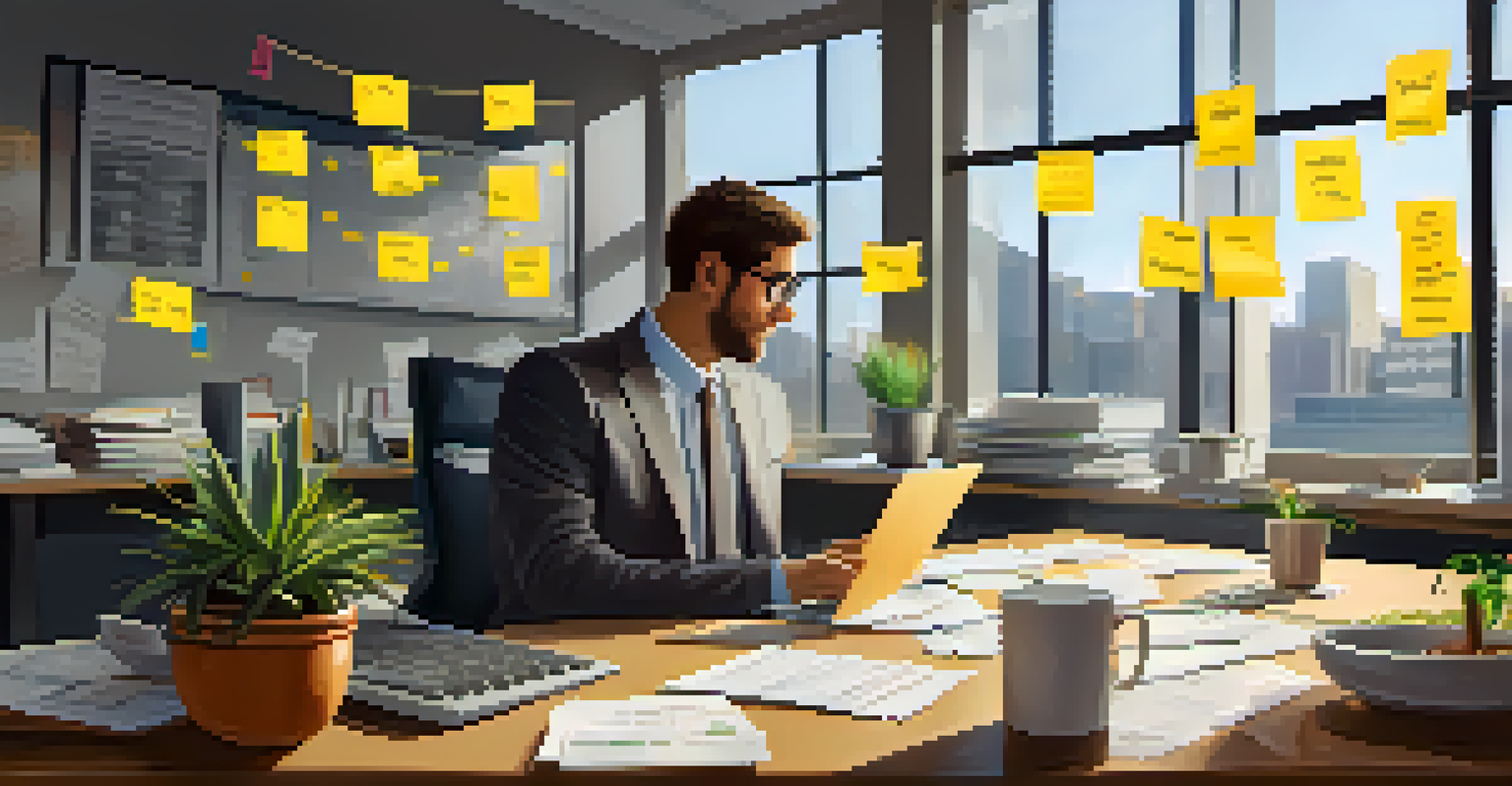 An employee in a modern office reviewing their budget on a laptop, surrounded by financial goal reminders and a coffee mug.