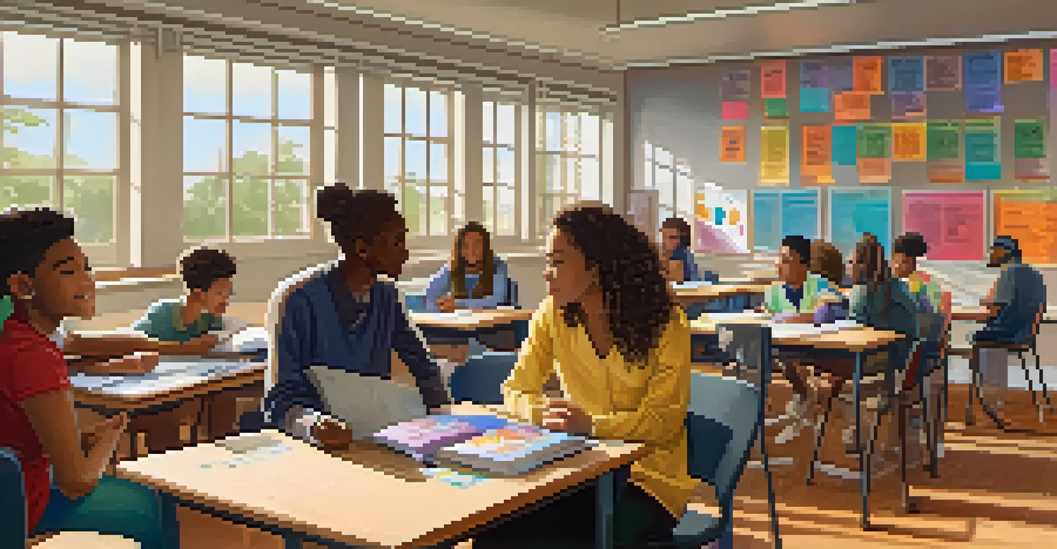 Students in a classroom discussing a community service learning project, with colorful posters and sunlight streaming in.