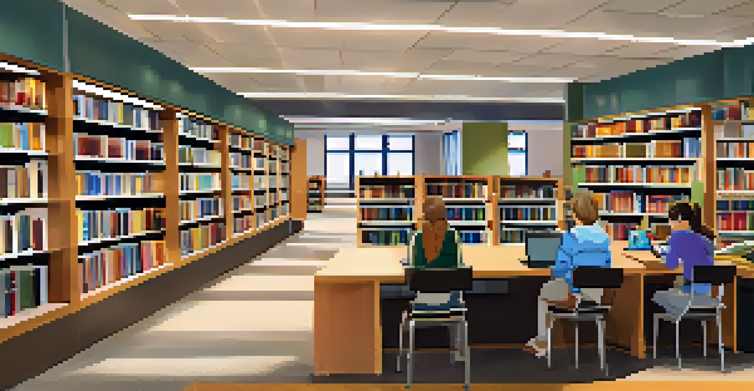 A school library with students using technology to collaborate on projects, surrounded by books and warm lighting.