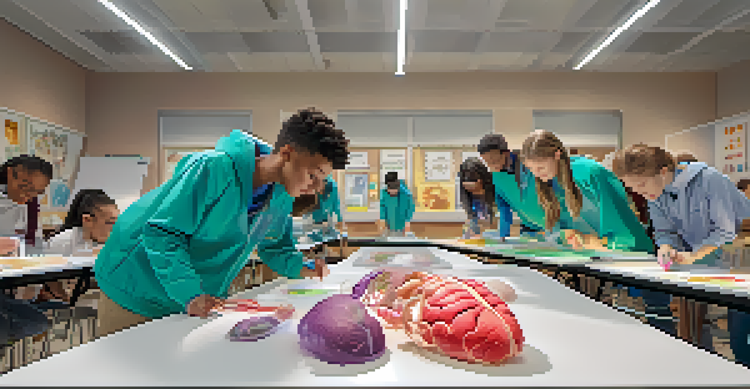 Students in a biology class using tablets to explore a 3D model of the human body, showcasing their engagement and curiosity.