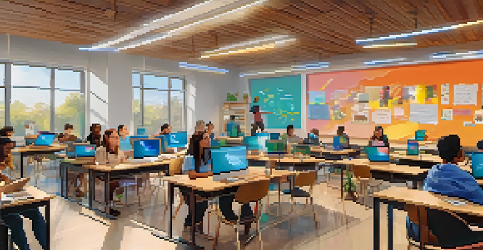 A digital classroom with diverse students interacting through video calls, showcasing a lively and collaborative learning environment.