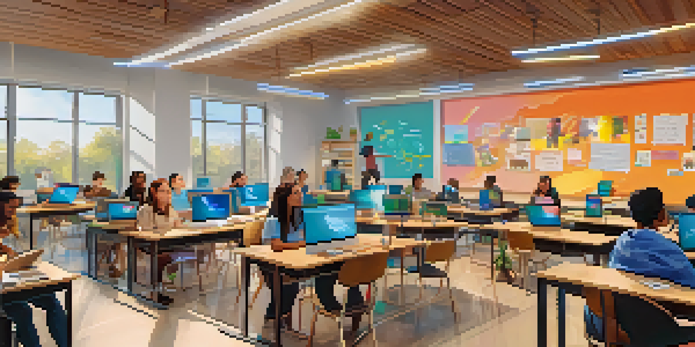 A digital classroom with diverse students interacting through video calls, showcasing a lively and collaborative learning environment.