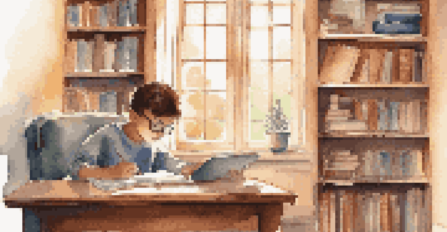 A student focused on online learning using a tablet in a cozy study space with bookshelves and a well-lit desk.