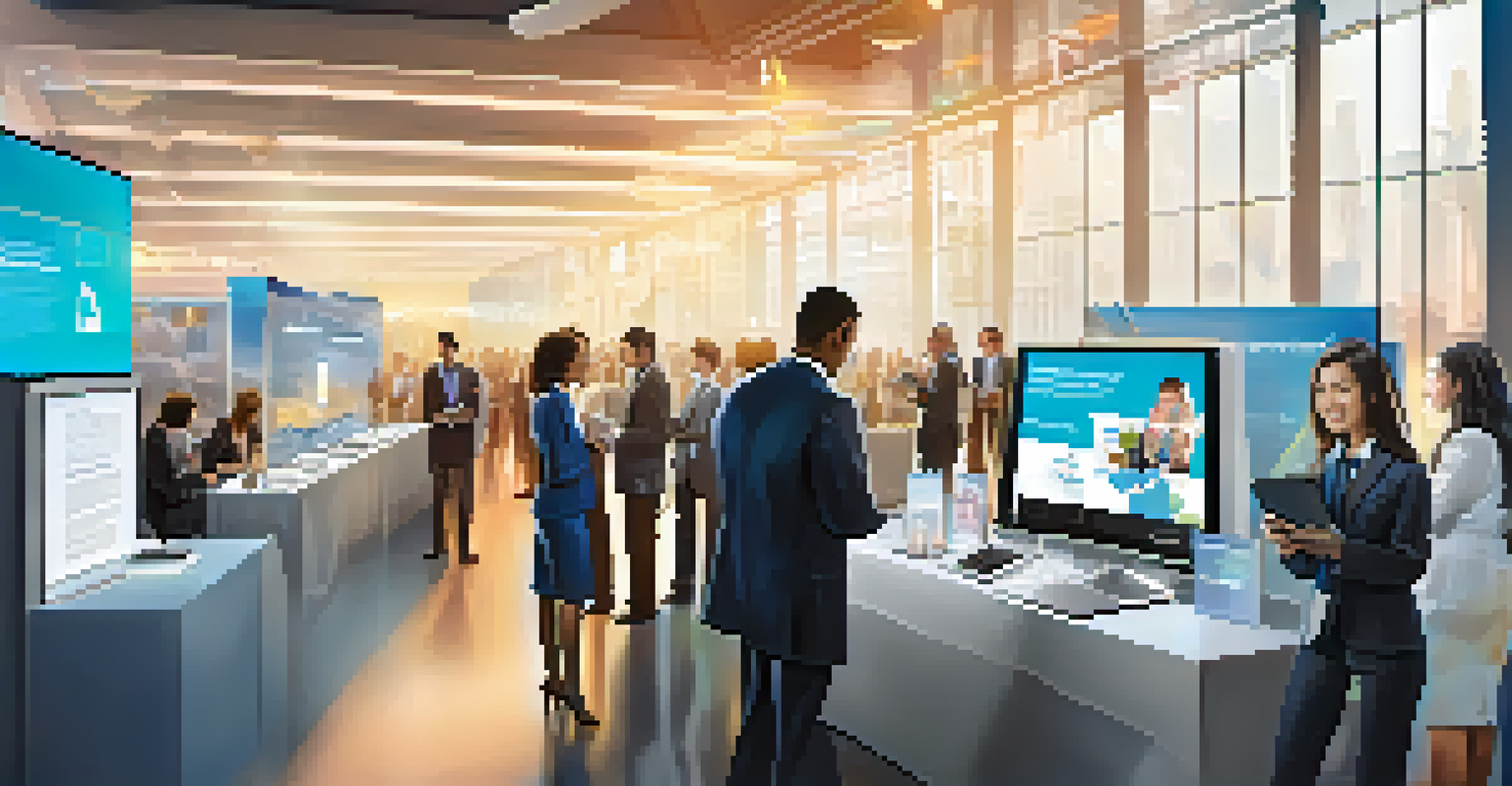 A futuristic career fair scene with employers and candidates showcasing micro-credentials, surrounded by modern technology and dynamic lighting.