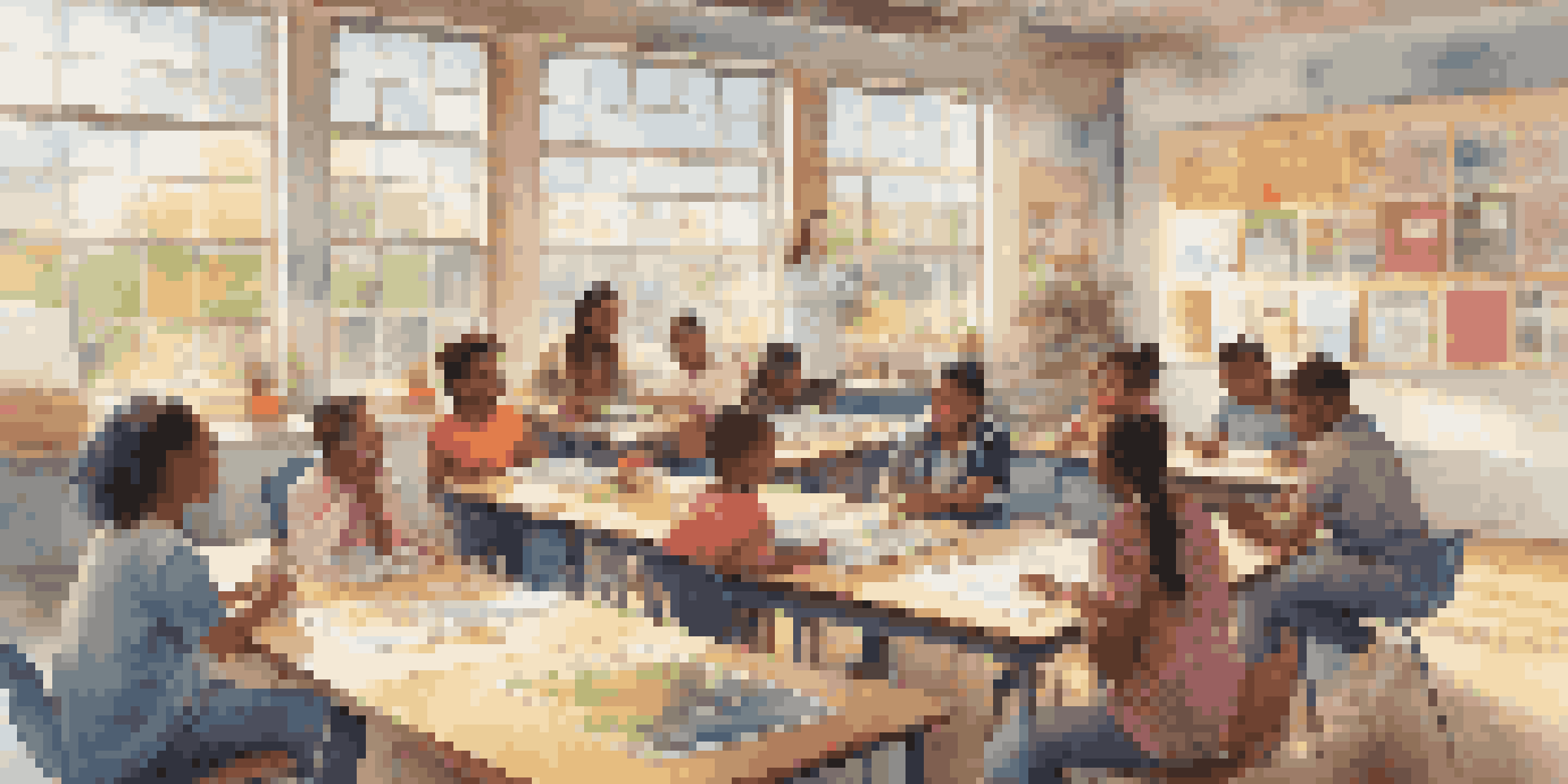 A classroom with diverse students working together on a project at a round table, with colorful educational posters on the walls and natural light coming through the windows.