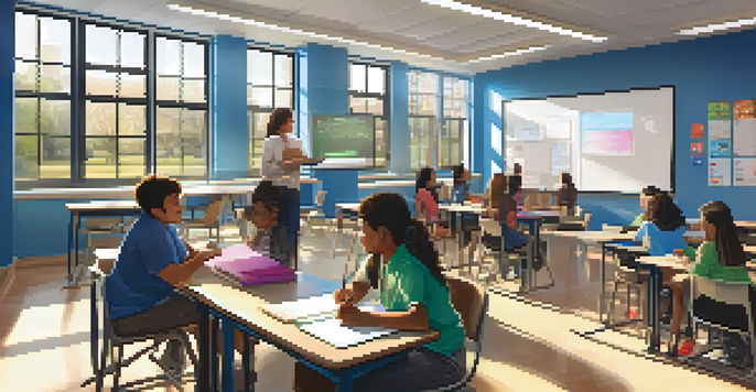 A bright and modern classroom with students using technology for personalized learning, showcasing diversity and collaboration.