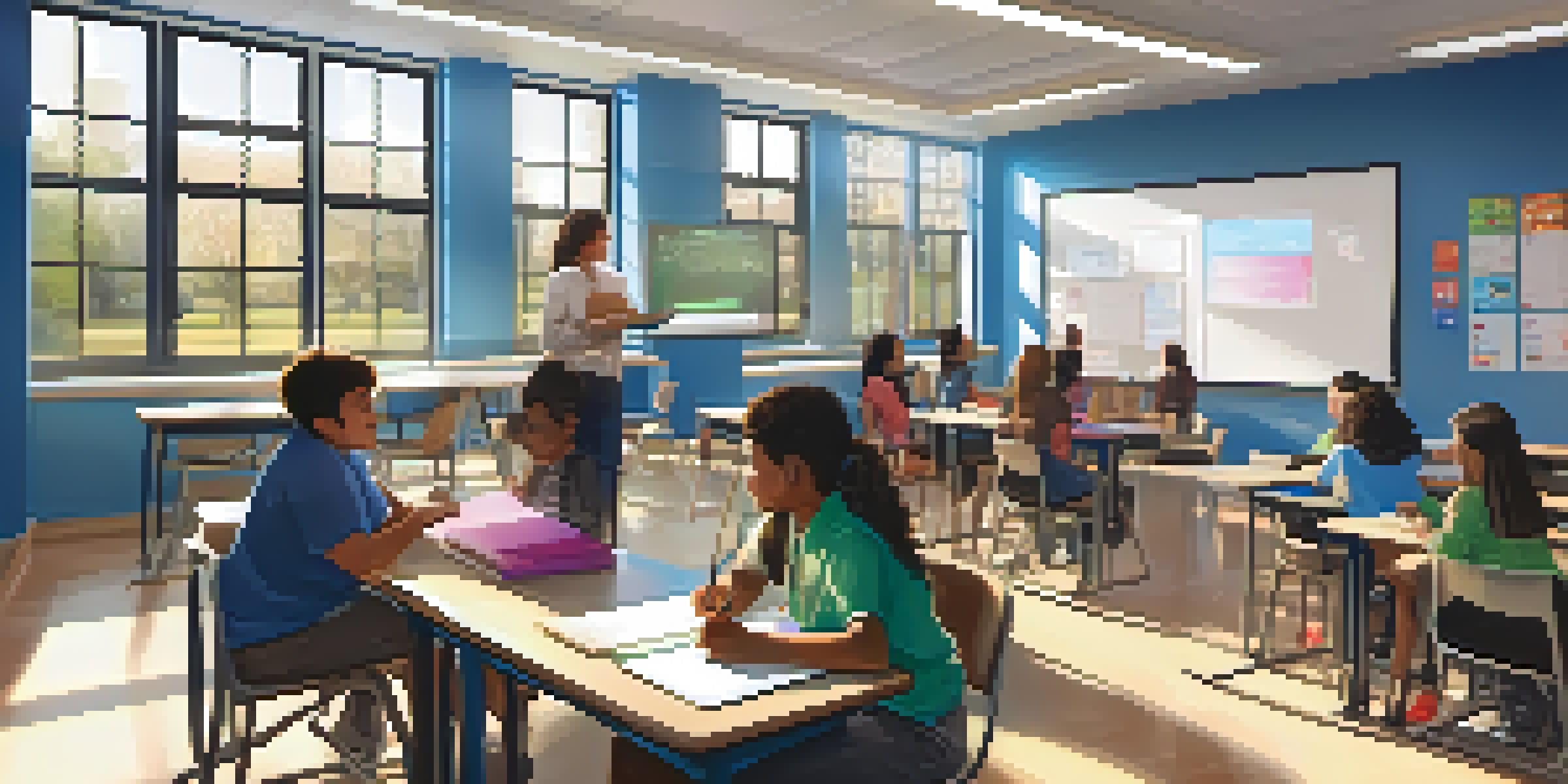 A bright and modern classroom with students using technology for personalized learning, showcasing diversity and collaboration.