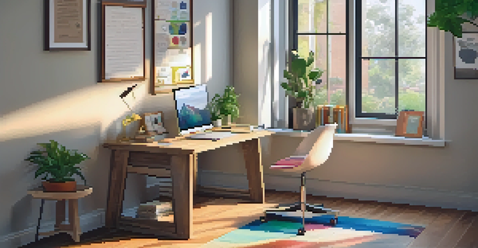 A cozy home study space with a wooden desk, laptop, and motivational quotes on the wall, illuminated by soft natural light.