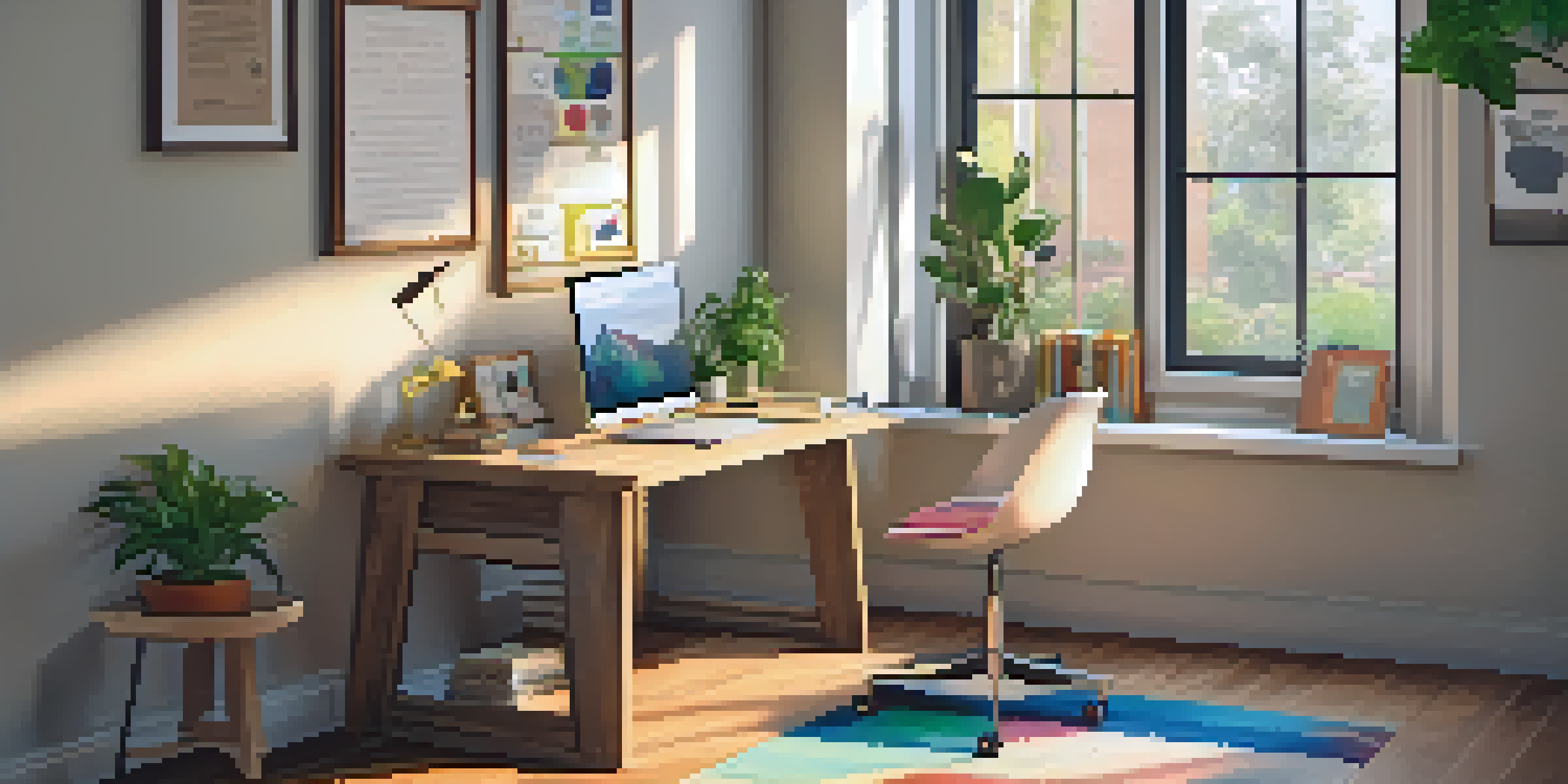 A cozy home study space with a wooden desk, laptop, and motivational quotes on the wall, illuminated by soft natural light.