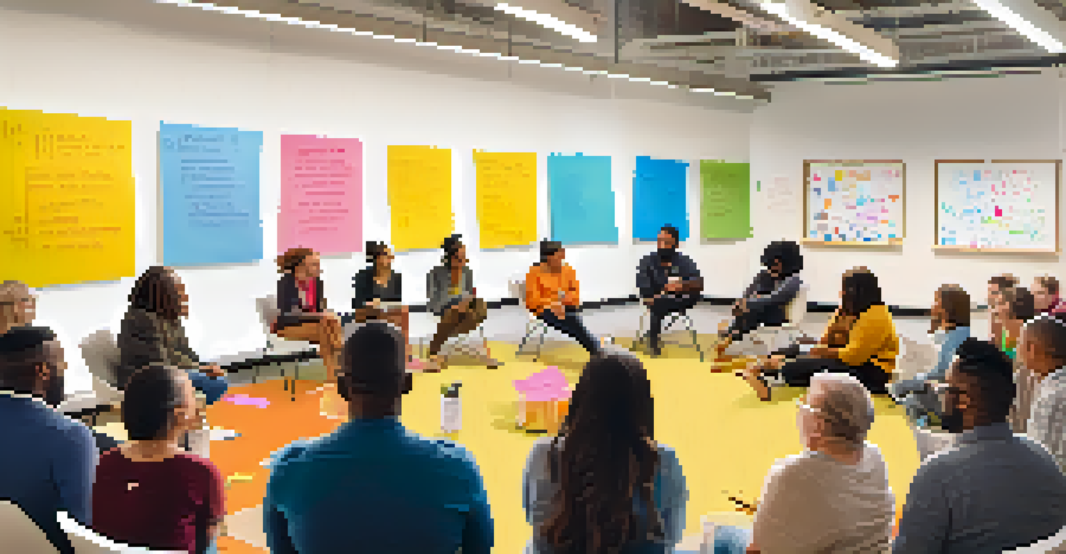 A community workshop with diverse participants sharing ideas in a collaborative setting, surrounded by colorful sticky notes.