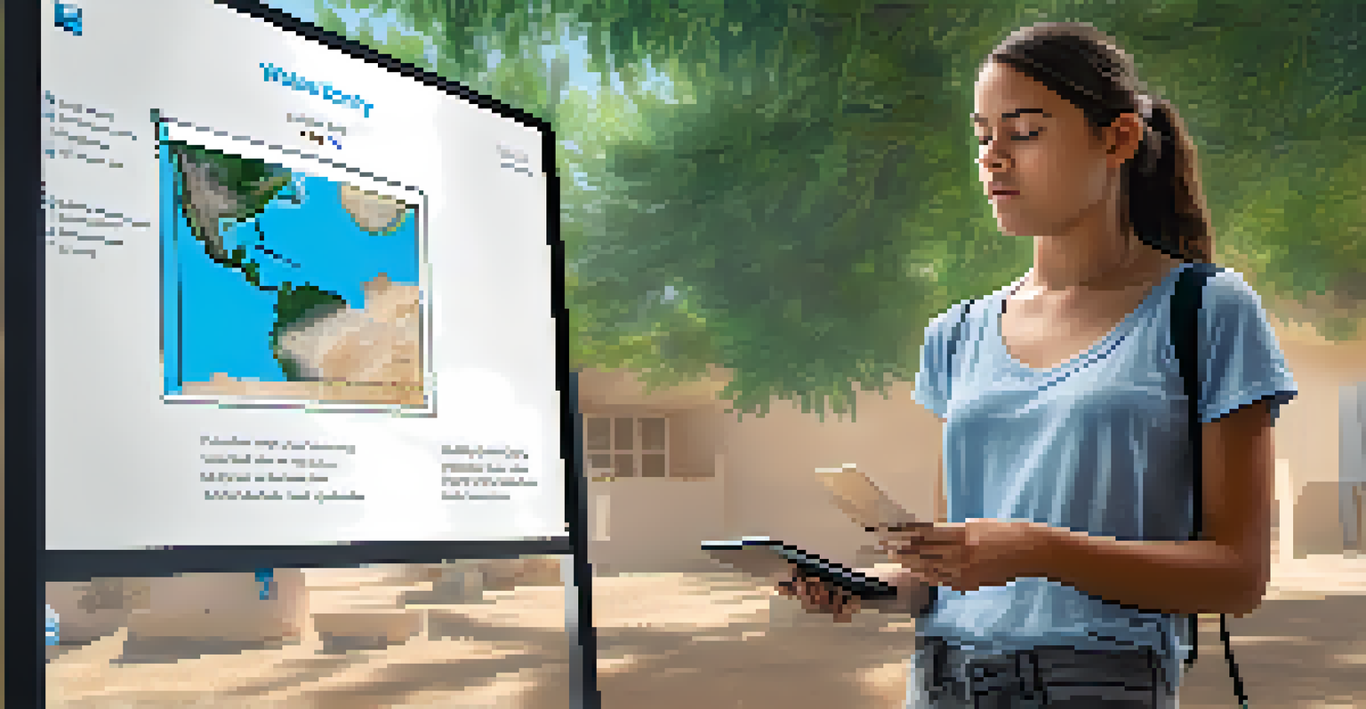 A student analyzing an augmented reality simulation of a water crisis, with digital data and visuals depicting water scarcity.