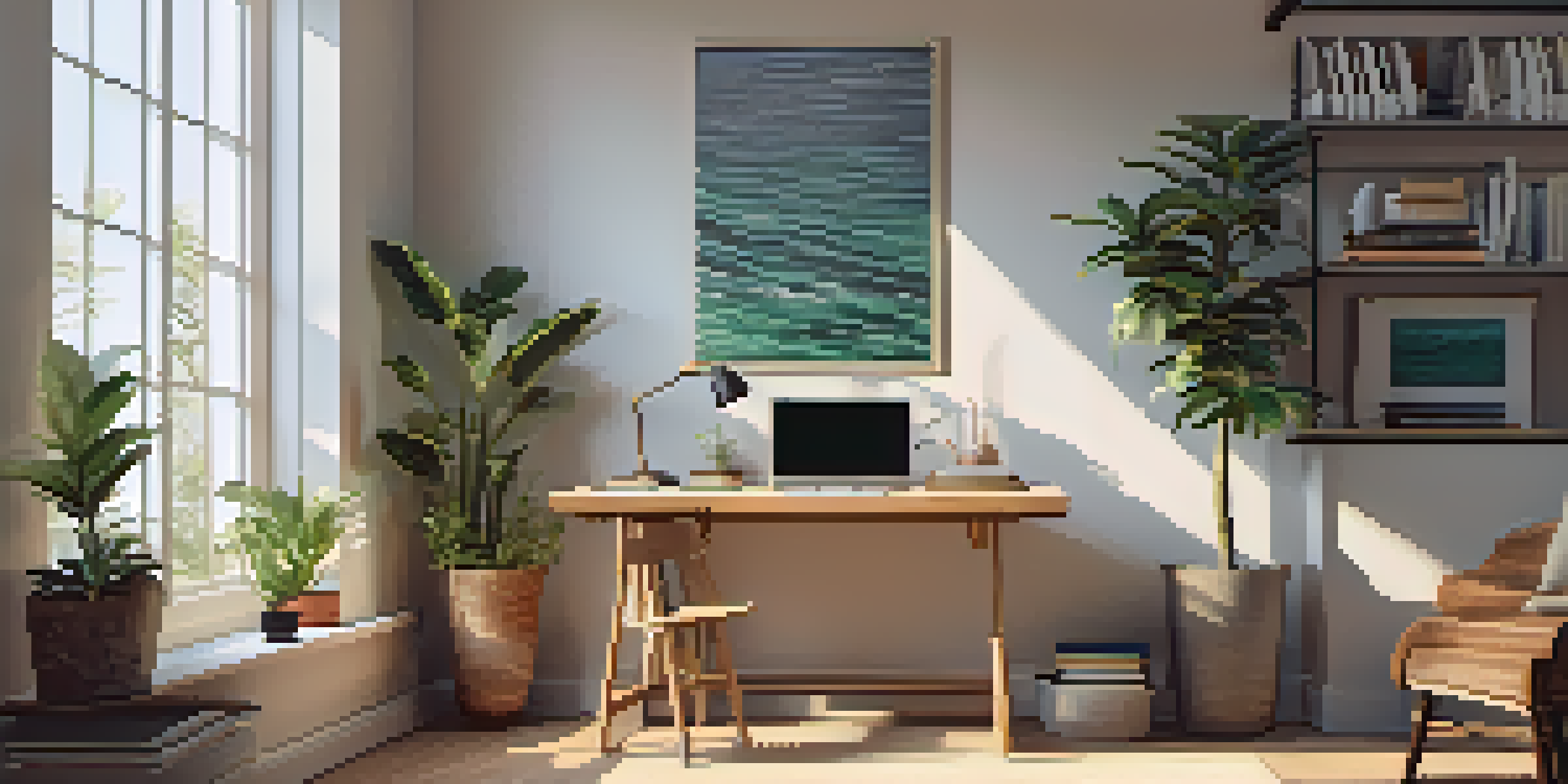 A bright and inviting study area with a laptop on a desk, books, and a green plant, creating a peaceful atmosphere for self-directed learning.