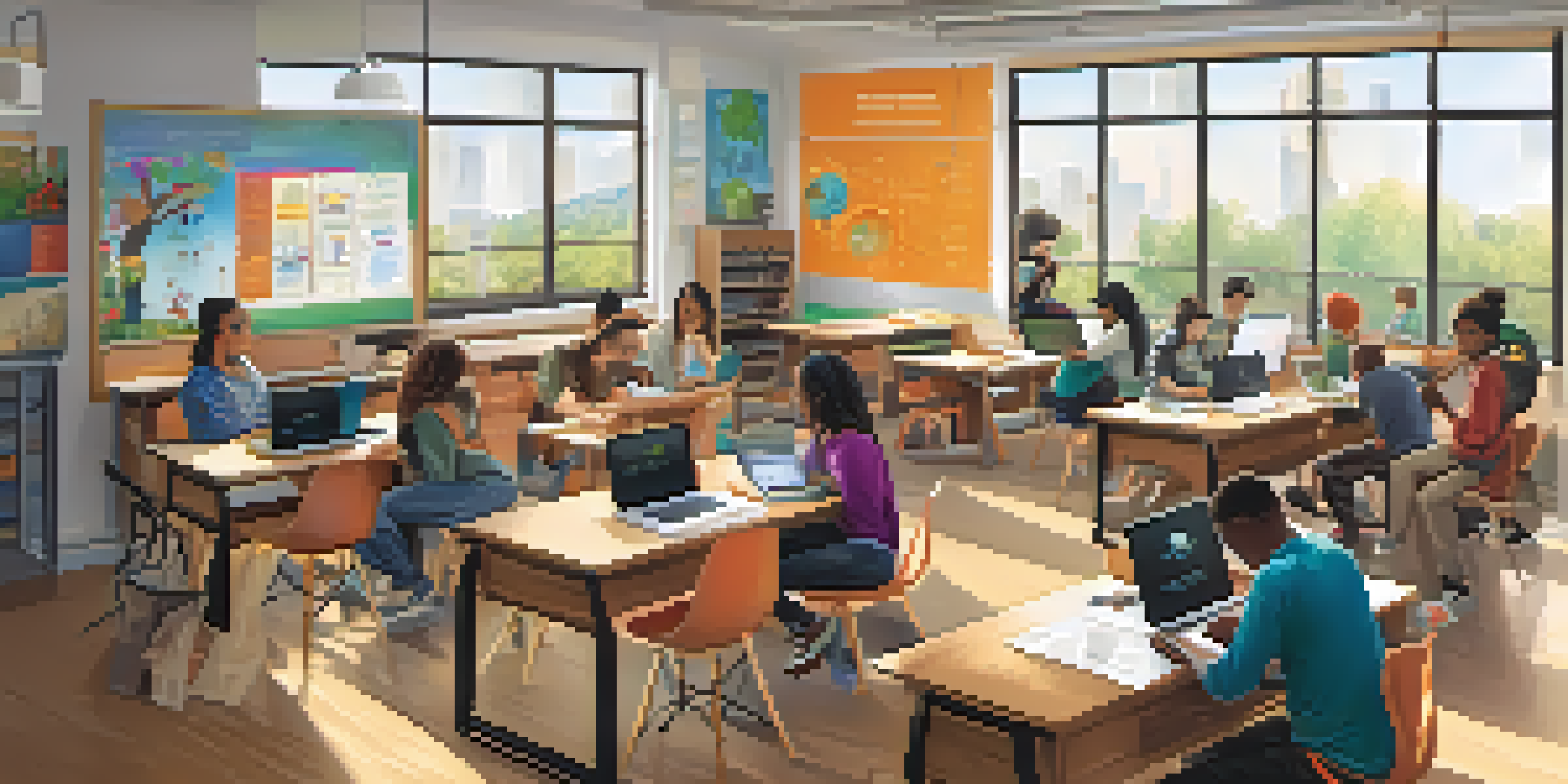 A modern classroom with diverse students engaged in blended learning activities, including group discussions and using laptops.