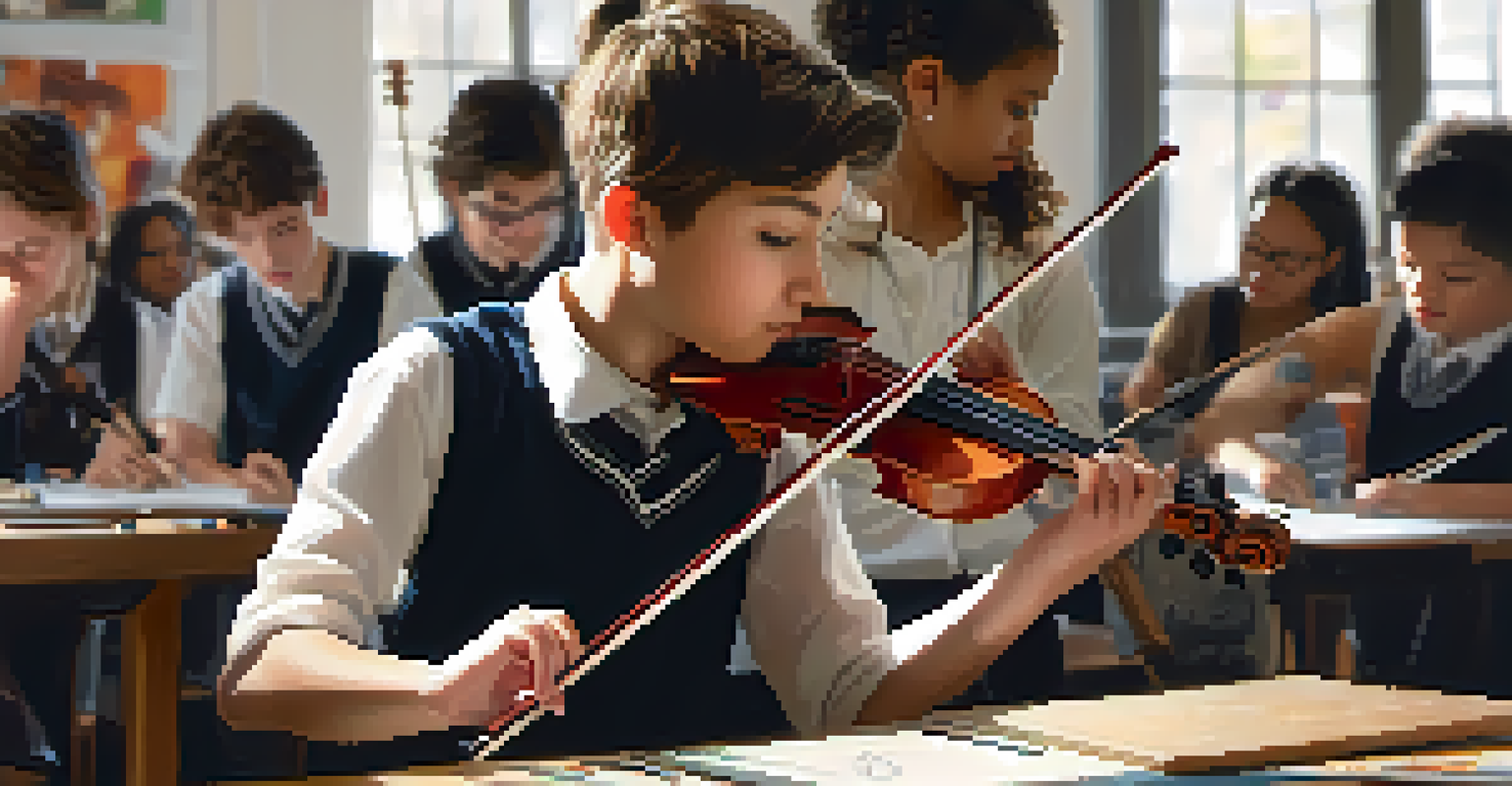 A focused student playing a violin, with peers collaborating on a project in the background.