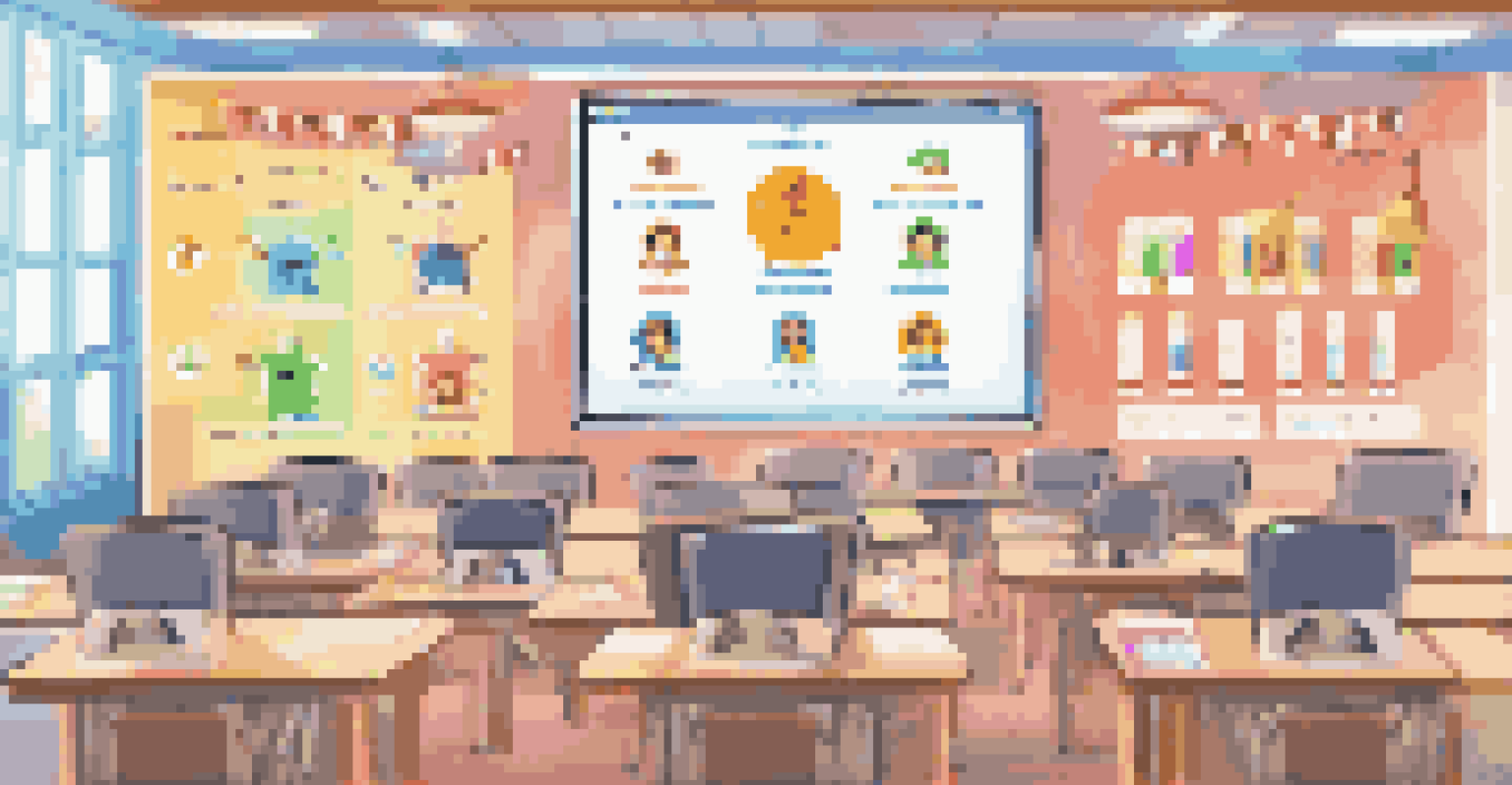 A computer screen showing a leaderboard of top learners with their digital badges in a bright classroom setting.