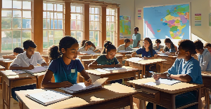 A bright classroom with diverse students engaged in a survey, laptops open and a whiteboard in the background.