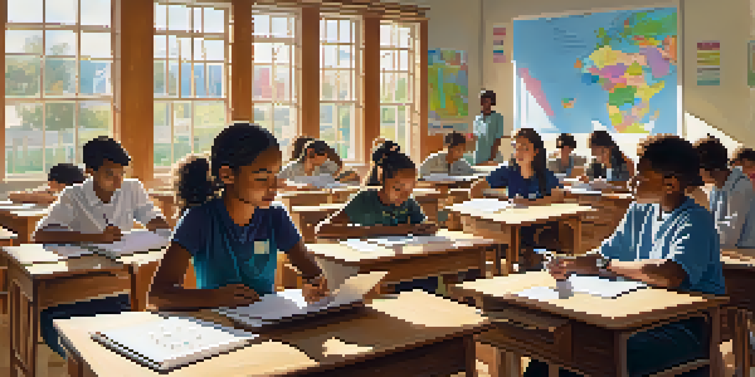 A bright classroom with diverse students engaged in a survey, laptops open and a whiteboard in the background.
