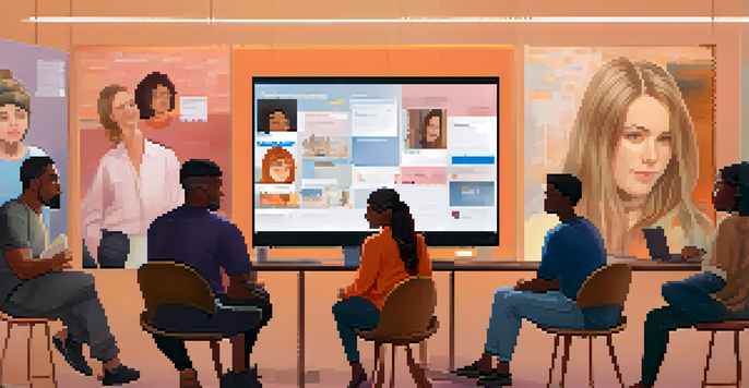 A diverse group of people discussing online behavior in a bright, welcoming environment, with posters promoting kindness in the background.