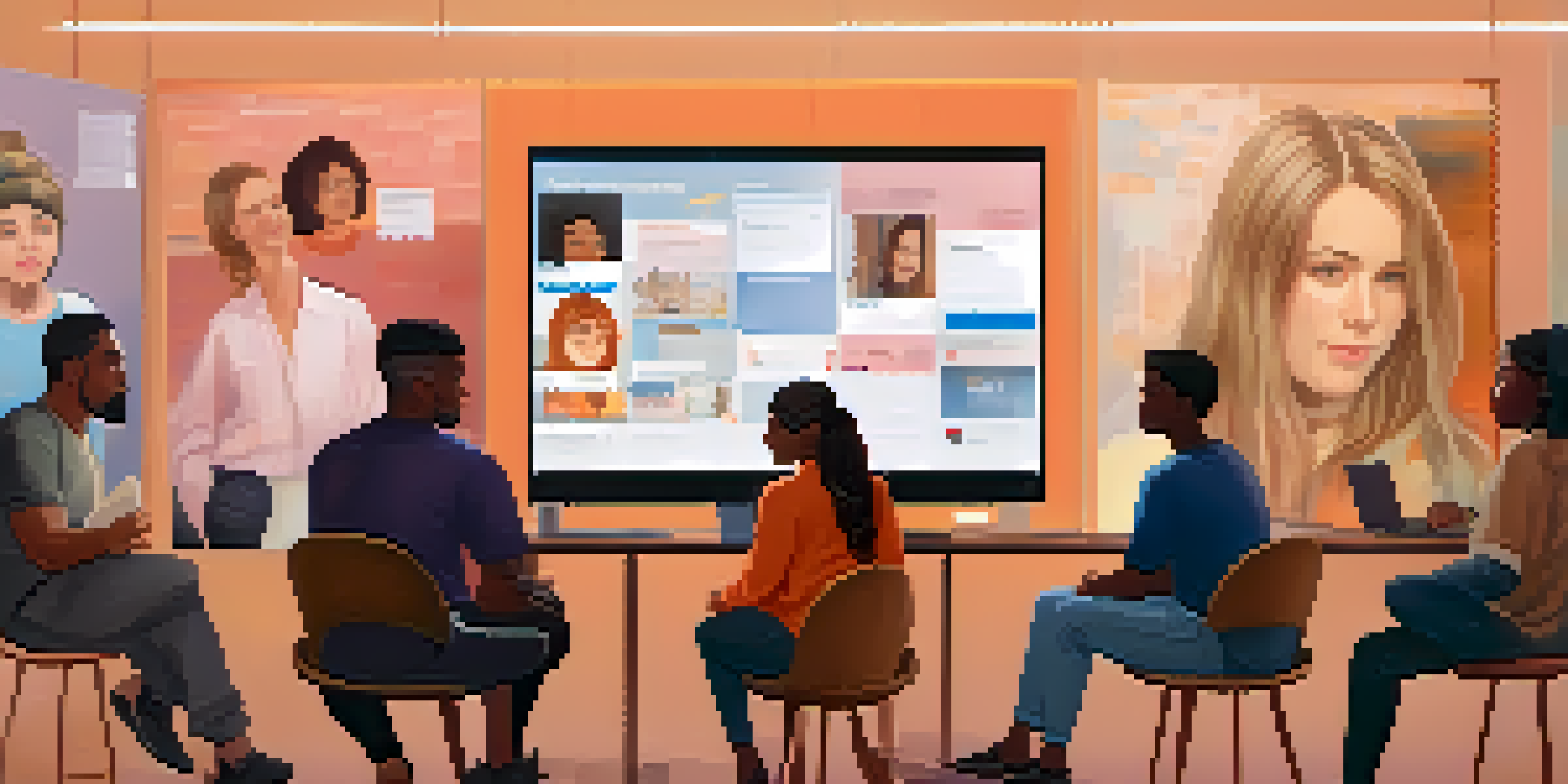 A diverse group of people discussing online behavior in a bright, welcoming environment, with posters promoting kindness in the background.