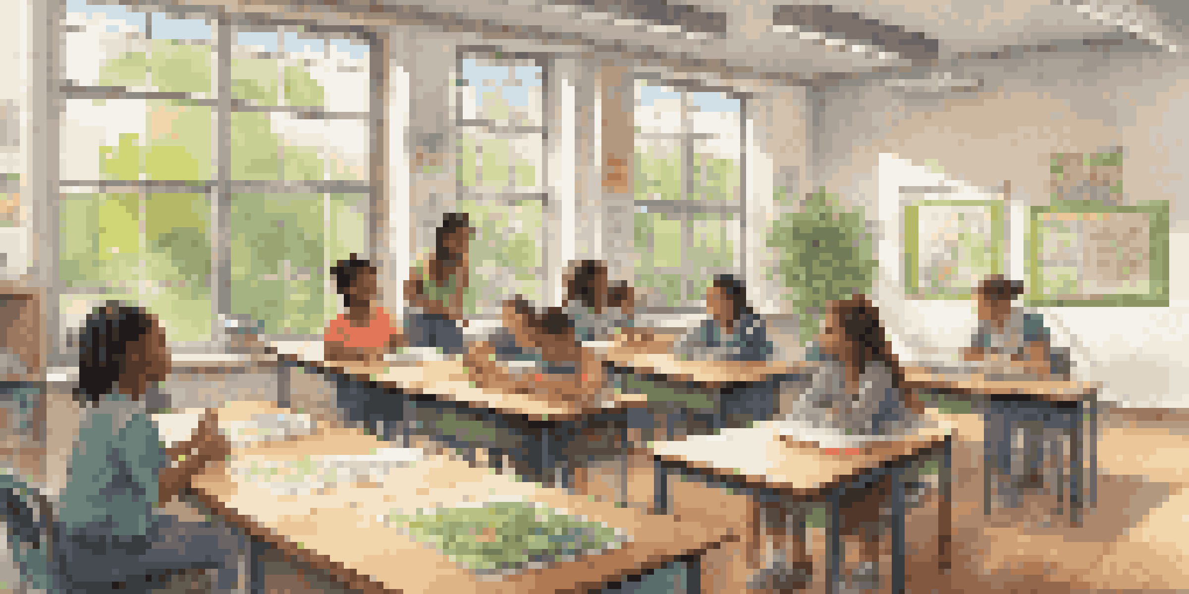 A bright and welcoming classroom where diverse students are collaborating on a project, with a supportive teacher observing them.