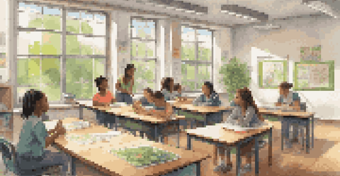 A bright and welcoming classroom where diverse students are collaborating on a project, with a supportive teacher observing them.