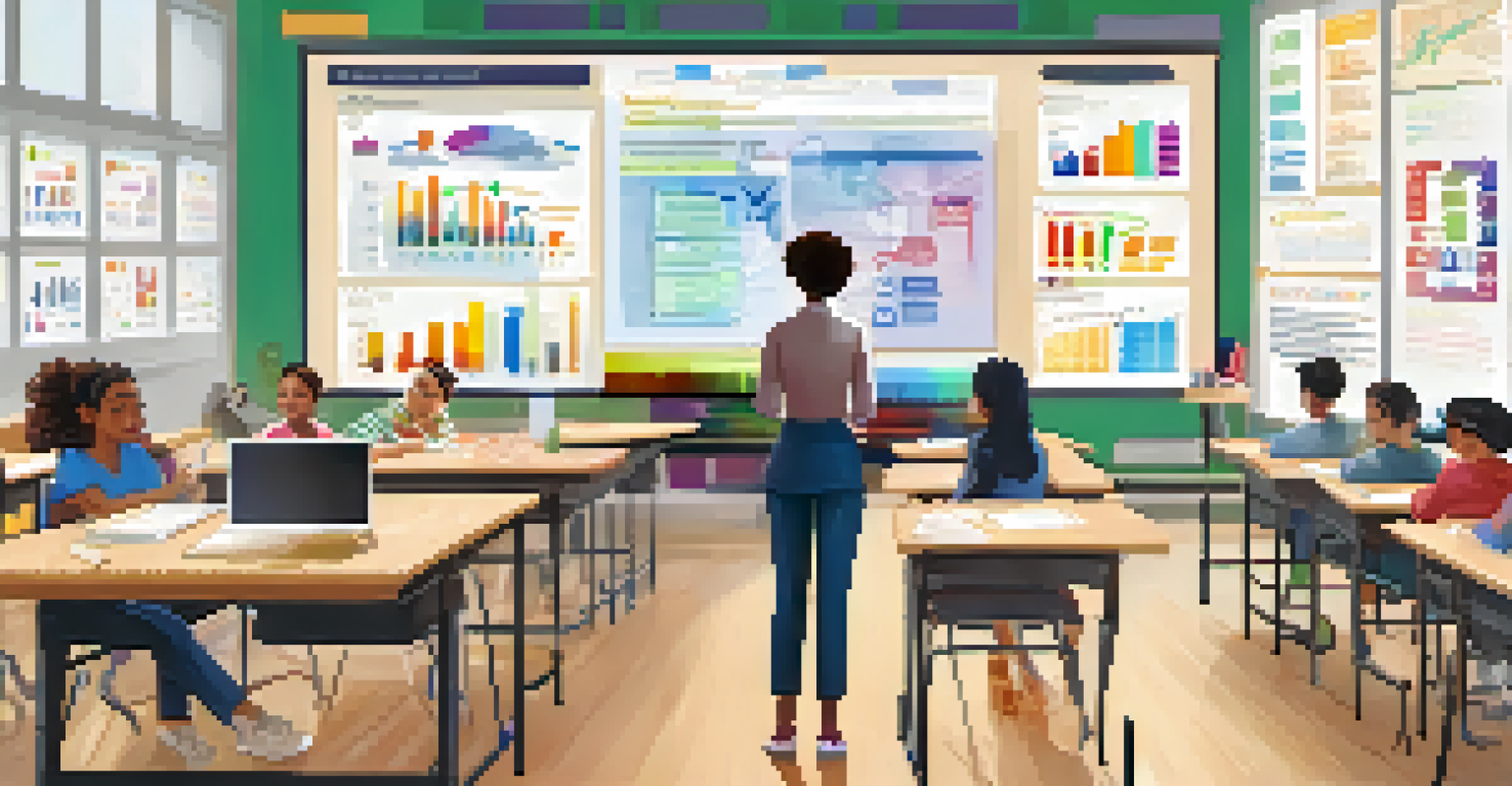A teacher presenting data analytics in a modern classroom as students engage with learning platforms.