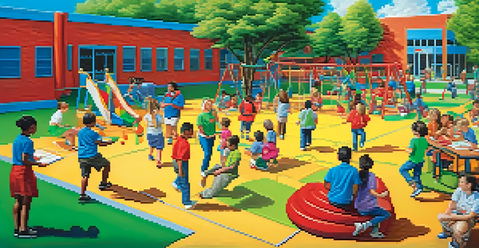 A lively school playground with teachers playing team-building games, surrounded by colorful equipment and greenery.