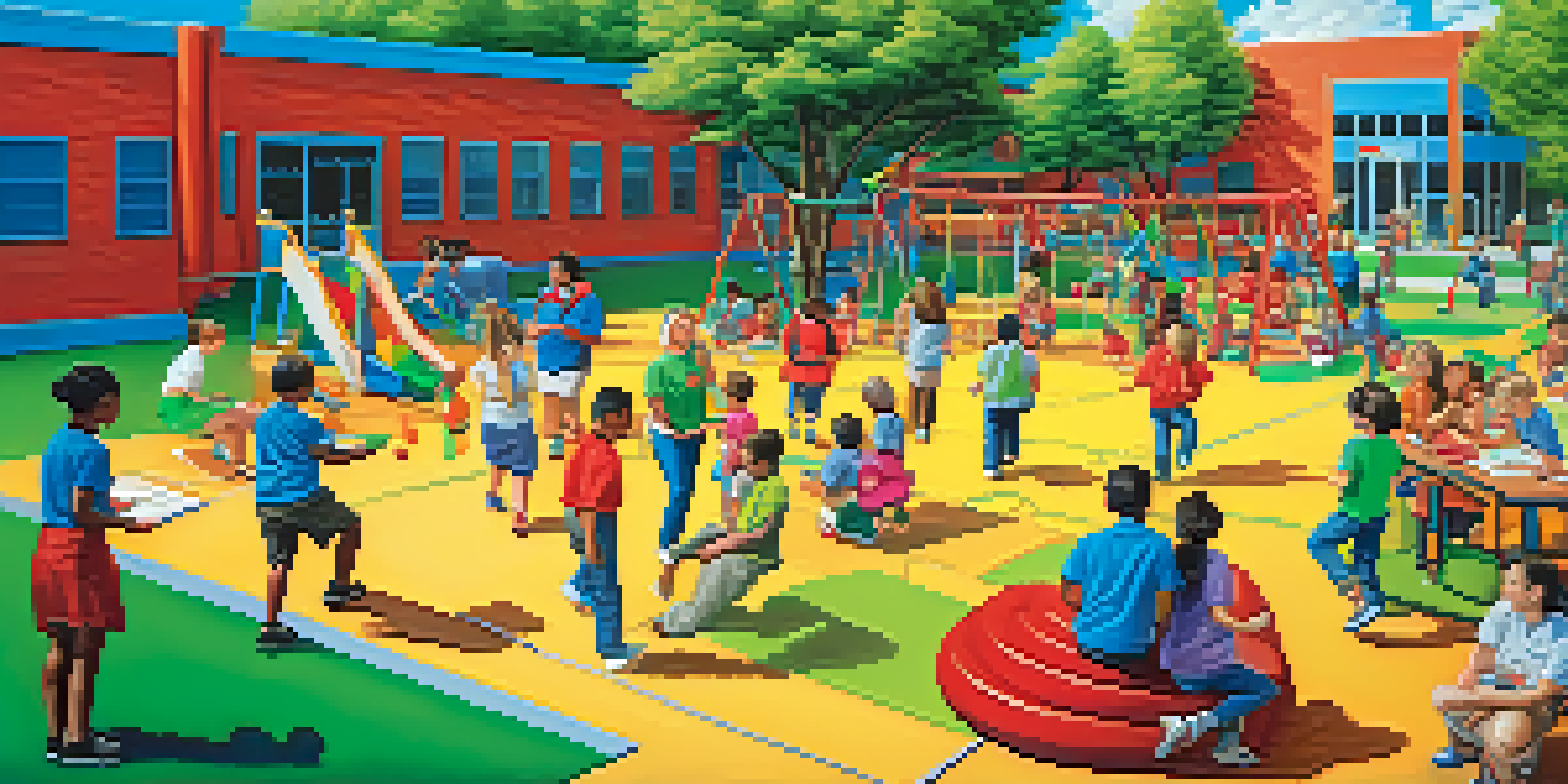 A lively school playground with teachers playing team-building games, surrounded by colorful equipment and greenery.