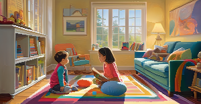 A parent and child sitting together in a cozy living room, reading a storybook and having a conversation. Natural light fills the room, creating a welcoming atmosphere.