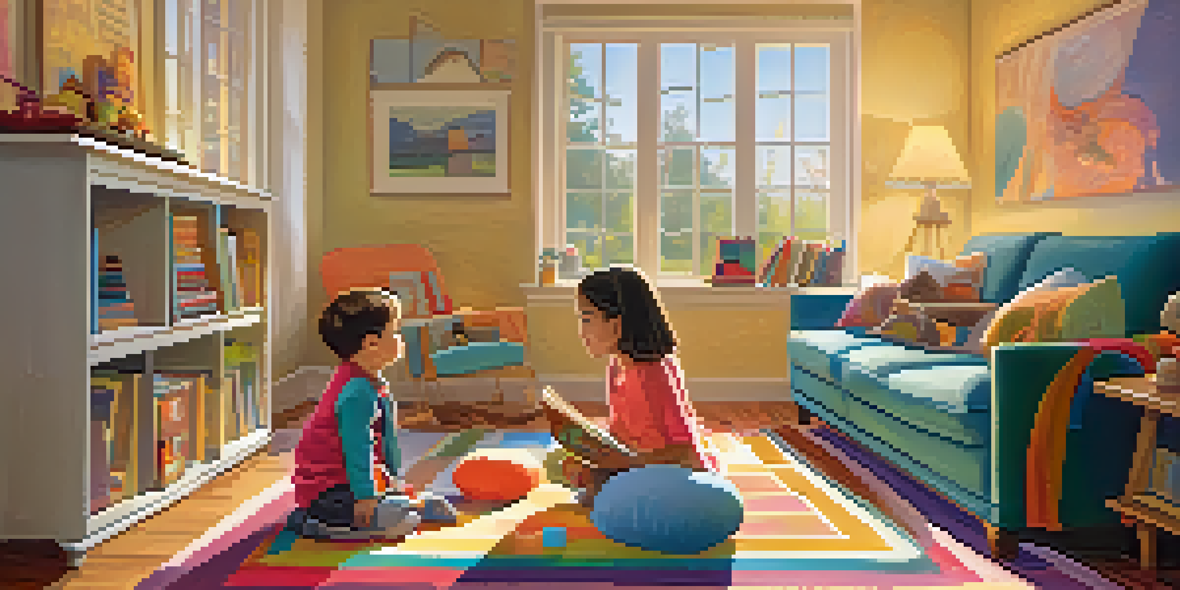 A parent and child sitting together in a cozy living room, reading a storybook and having a conversation. Natural light fills the room, creating a welcoming atmosphere.