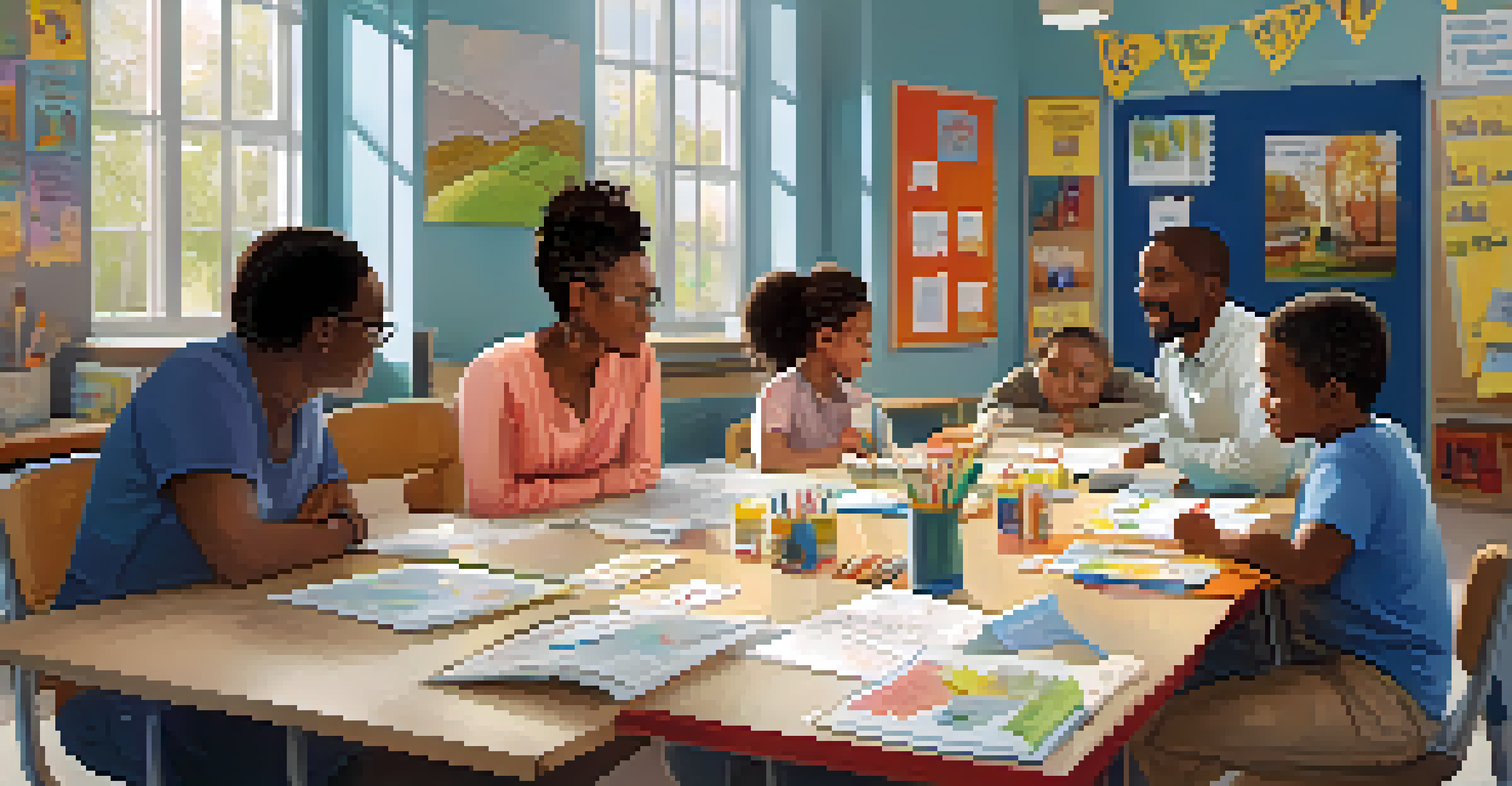 Parents and educators engaged in a family workshop on mental health in a school classroom.