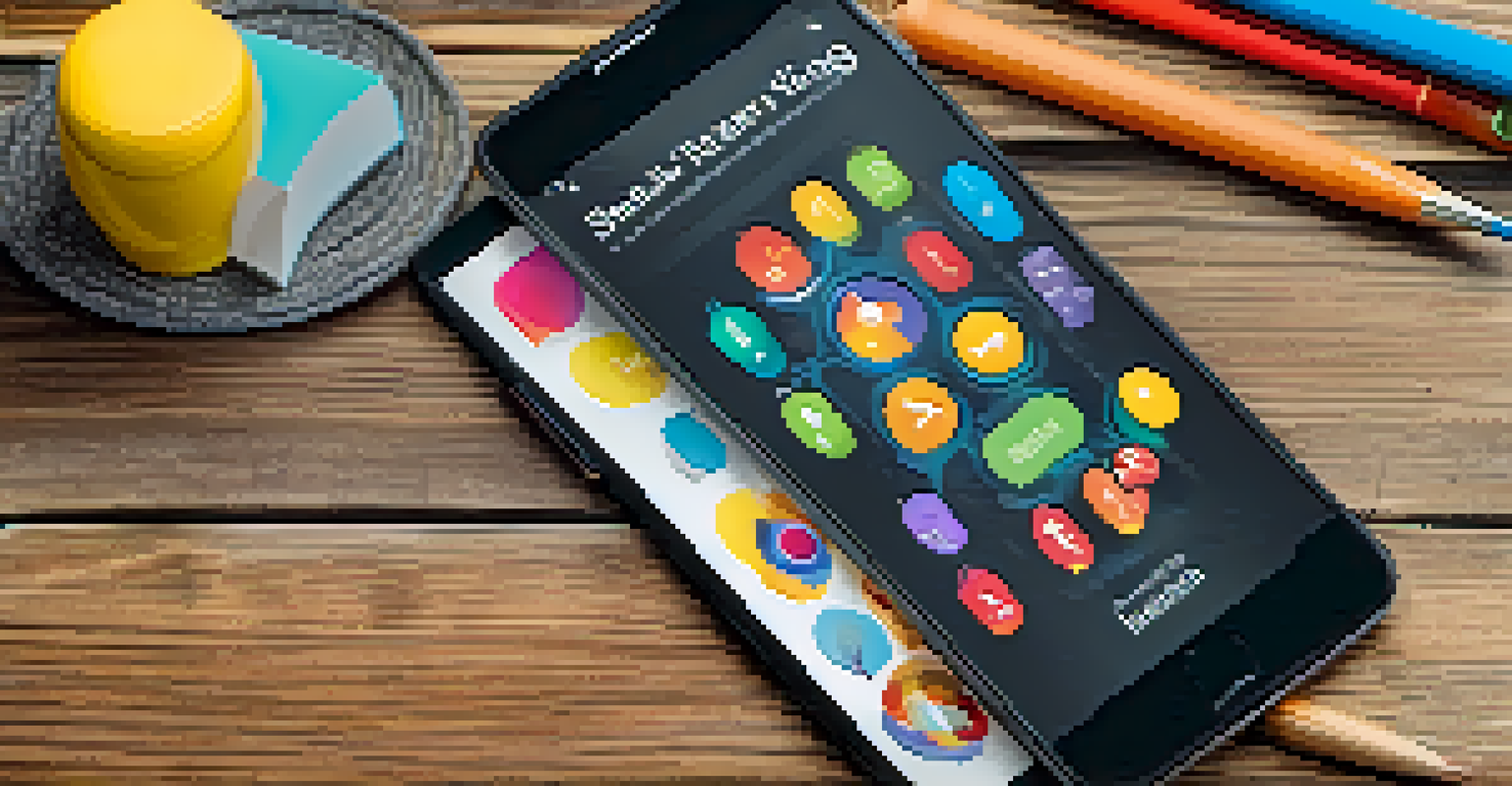 Close-up of a smartphone displaying a microlearning app with colorful educational modules on a wooden table.