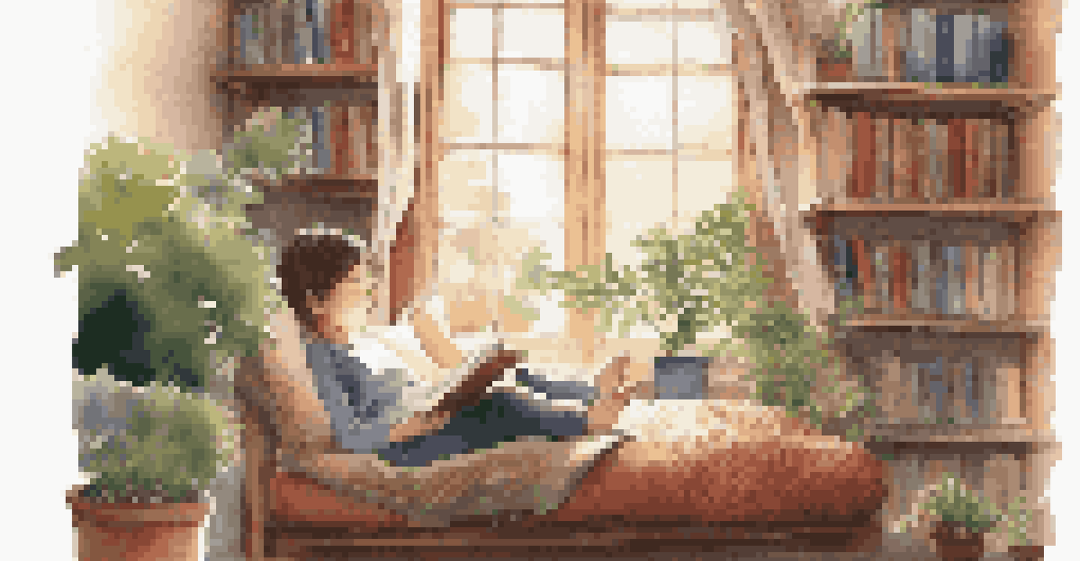 A student reading a book from a different culture in a cozy nook, surrounded by cushions and soft light.