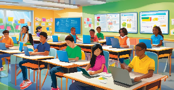 A classroom filled with diverse students using laptops to engage with a Learning Management System, with colorful posters and bright lighting.