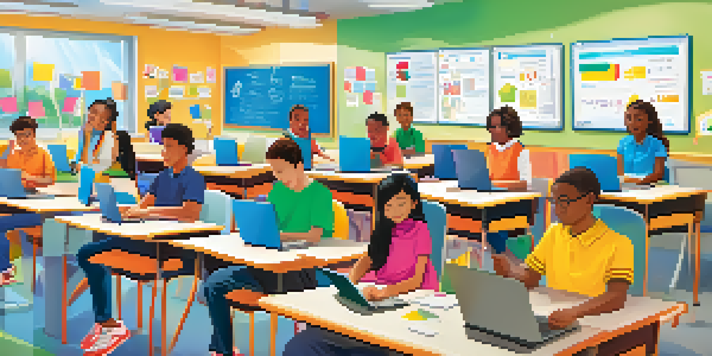 A classroom filled with diverse students using laptops to engage with a Learning Management System, with colorful posters and bright lighting.