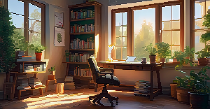 A tranquil study room with a wooden desk, books, a laptop, and a cup of coffee, illuminated by sunlight coming through a window.