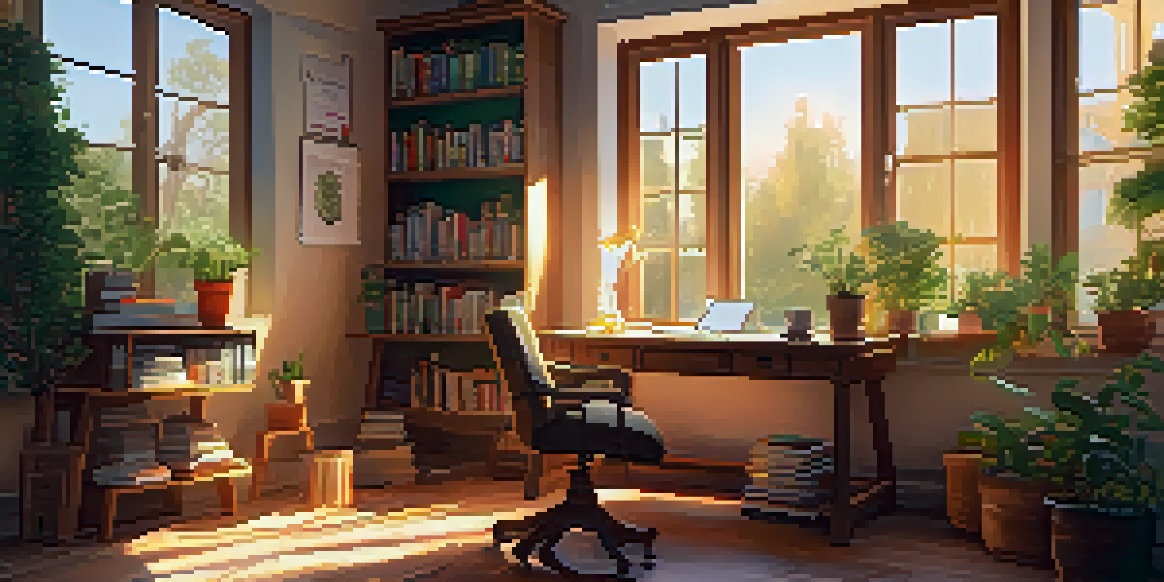 A tranquil study room with a wooden desk, books, a laptop, and a cup of coffee, illuminated by sunlight coming through a window.