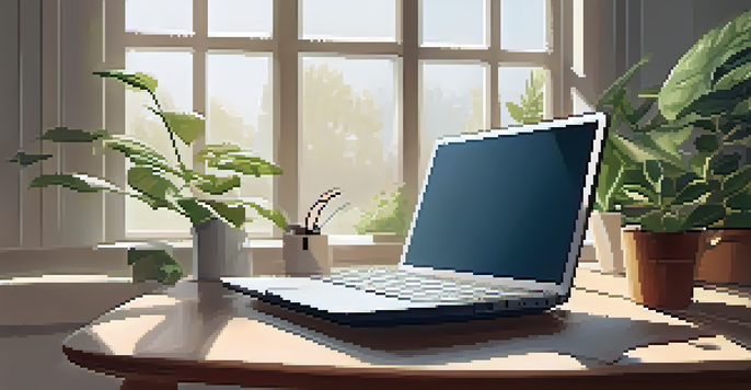 A peaceful workspace with a laptop, plants, coffee, and a notepad in a well-lit environment.