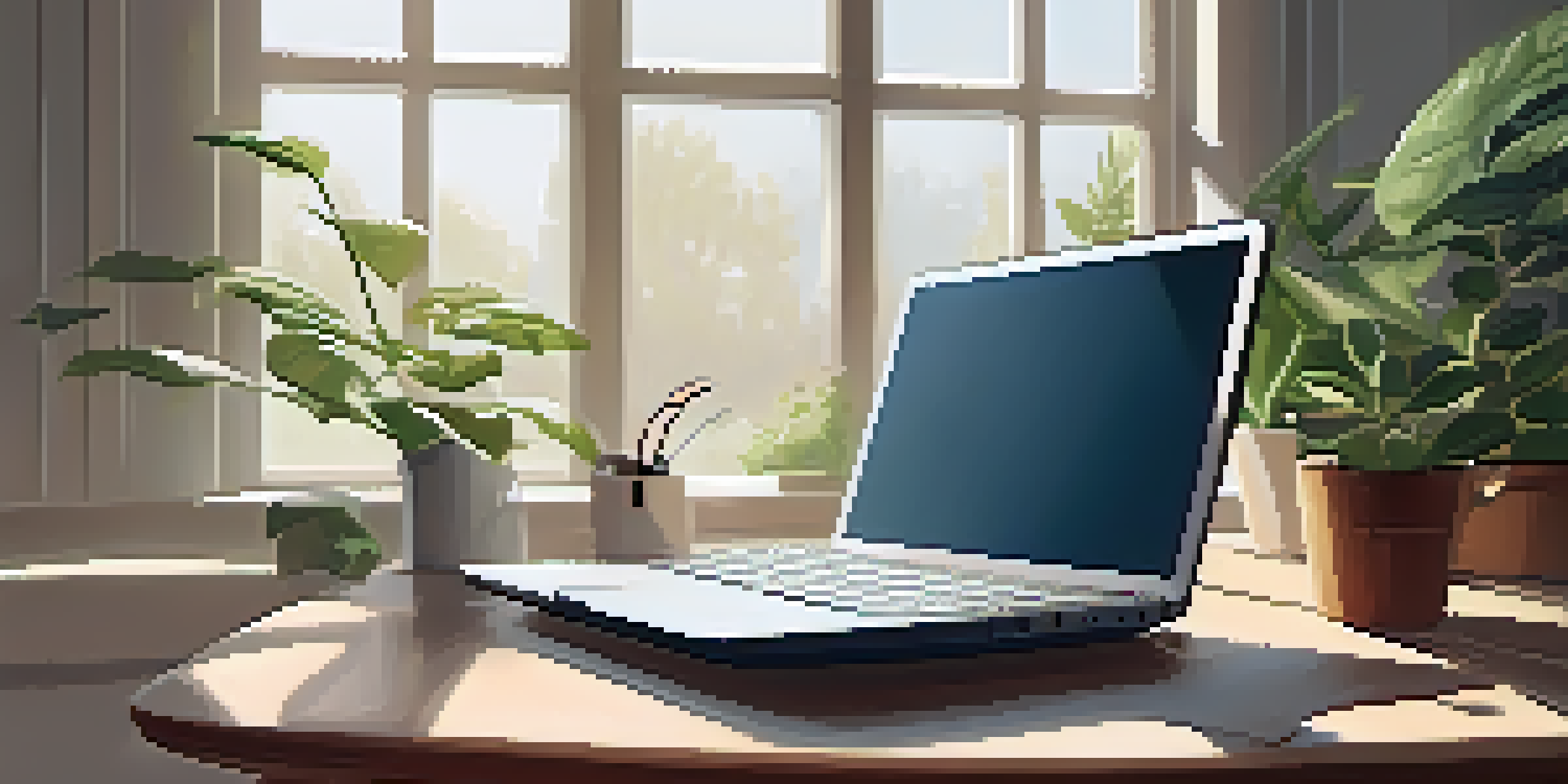A peaceful workspace with a laptop, plants, coffee, and a notepad in a well-lit environment.